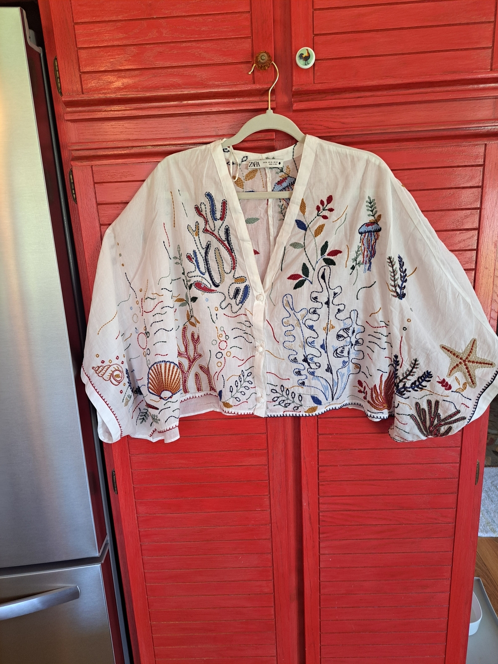 Zara White Embroidered Cropped Jacket Top with Multicolor Sea Motifs XL cotton